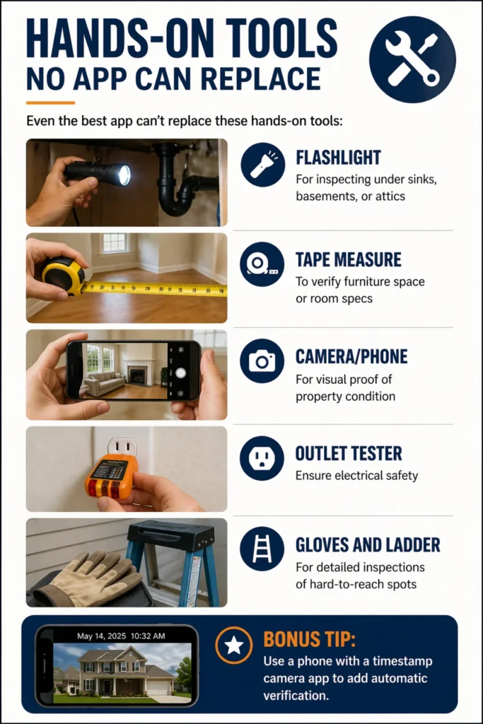 Infographic listing essential physical tools for property inspections that apps cannot replace, including flashlights, tape measures, and ladders.