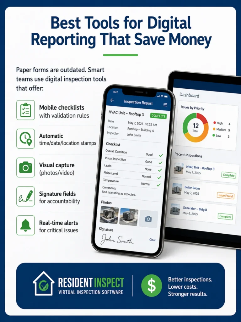 Infographic for Resident Inspect digital reporting software showing mobile inspection app and dashboard features.