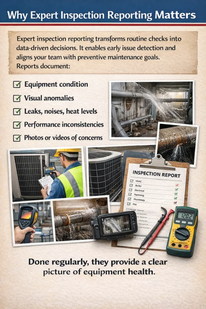 An infographic titled 'Why Expert Inspection Reporting Matters' highlighting the benefits of routine industrial inspections.