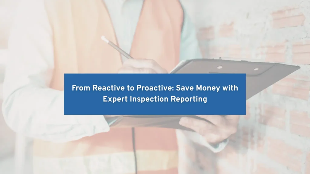 Property inspector documenting building conditions on a tablet during a property inspection, representing expert inspection reporting for property managers to reduce maintenance costs.