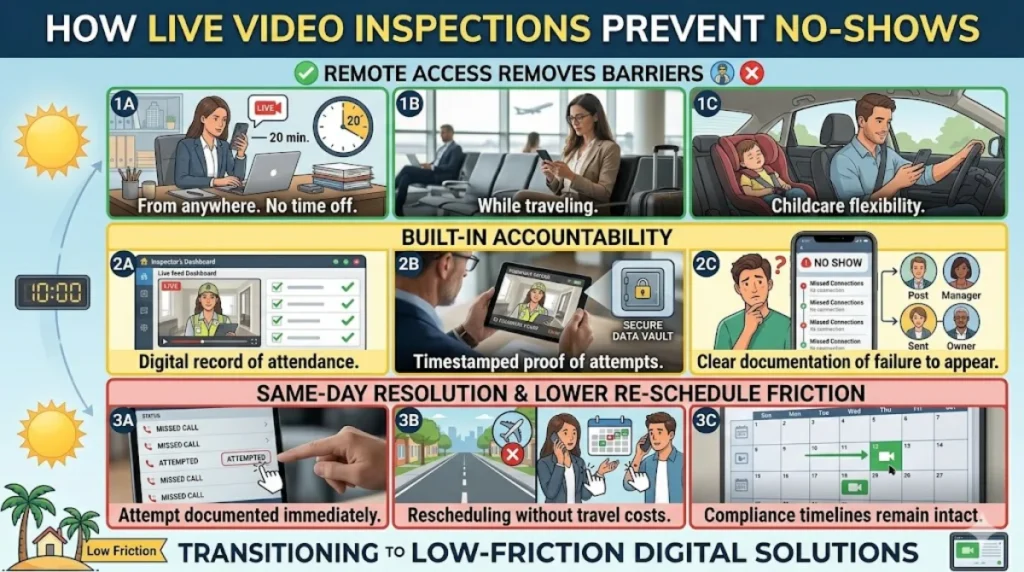 Infographic titled 'How Live Video Inspections Prevent No-Shows' showing benefits like remote access, built-in accountability, and same-day resolution.