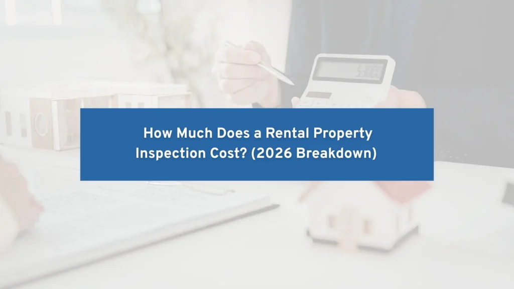 Blue overlay header with rental inspection cost title, calculator, and house model representing property inspection pricing.