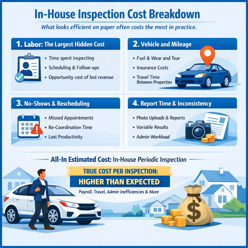 In-house rental property inspection cost breakdown infographic showing labor, mileage, no-shows, reporting inefficiencies, and true cost per property inspection.