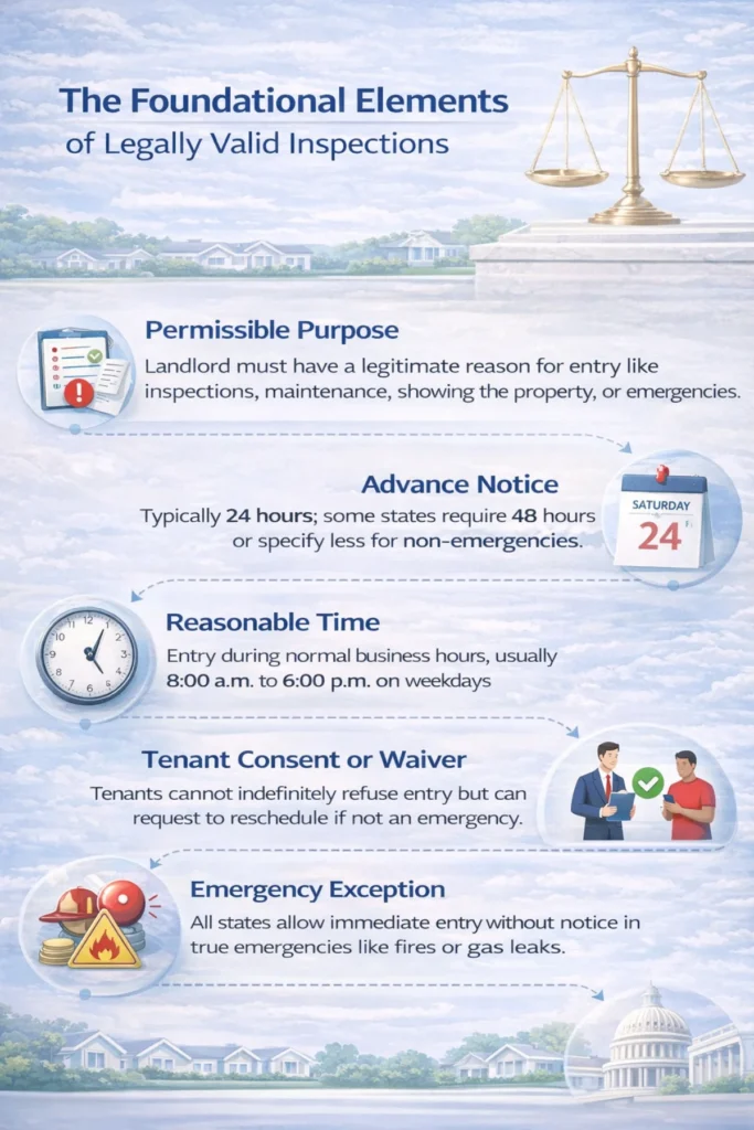 An infographic titled The Foundational Elements of Legally Valid Inspections detailing rules for landlord property entry.