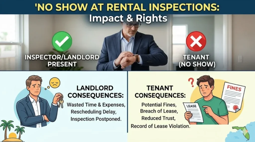 An infographic detailing the impacts and rights regarding tenant no-shows at rental inspections, showing consequences for both landlords and tenants.