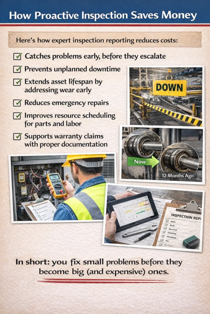 Infographic outlining how proactive inspections and reporting reduce maintenance costs through early problem detection and prevented downtime.