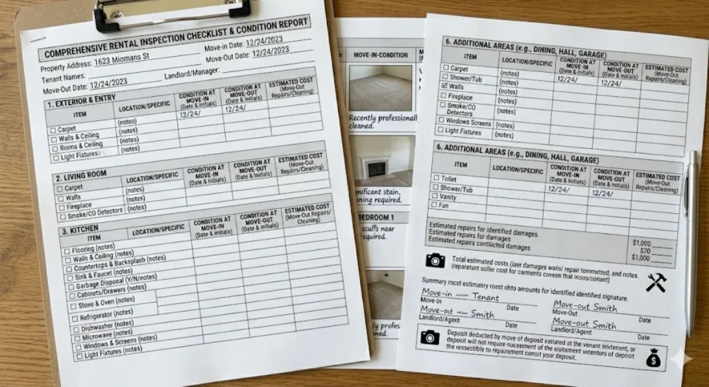 Example rental inspection checklist for move-in, periodic, and move-out inspections.