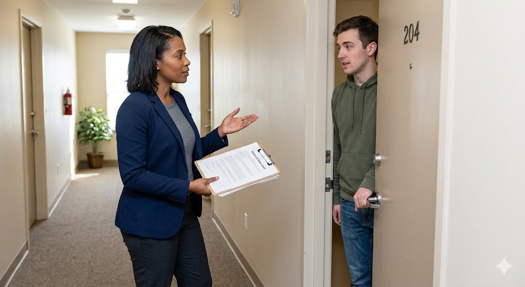 Property manager speaking with a tenant at an apartment doorway while holding inspection paperwork, discussing access or a scheduled inspection.