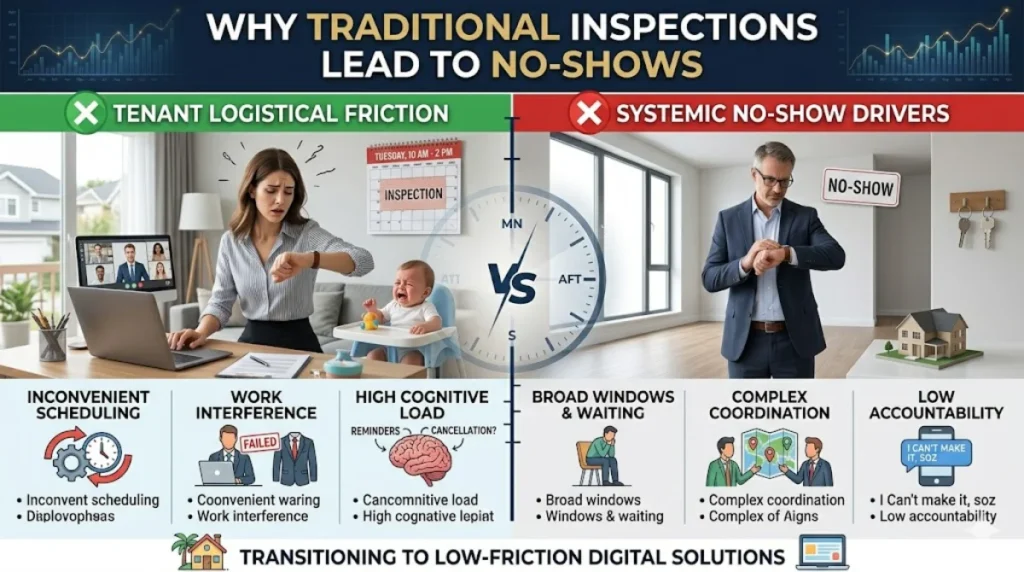 Infographic titled 'Why Traditional Inspections Lead to No-Shows' comparing tenant logistical friction and systemic drivers.