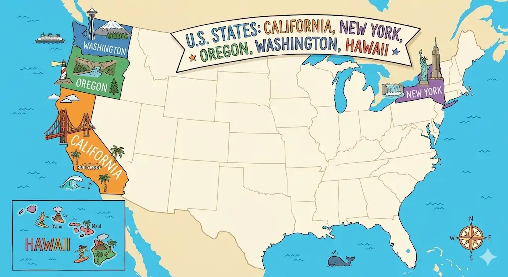 Illustrated map of the United States highlighting California, New York, Oregon, Washington, and Hawaii states with the most restrictive Rental Property Inspection Laws with colorful icons representing landmarks and regional features.