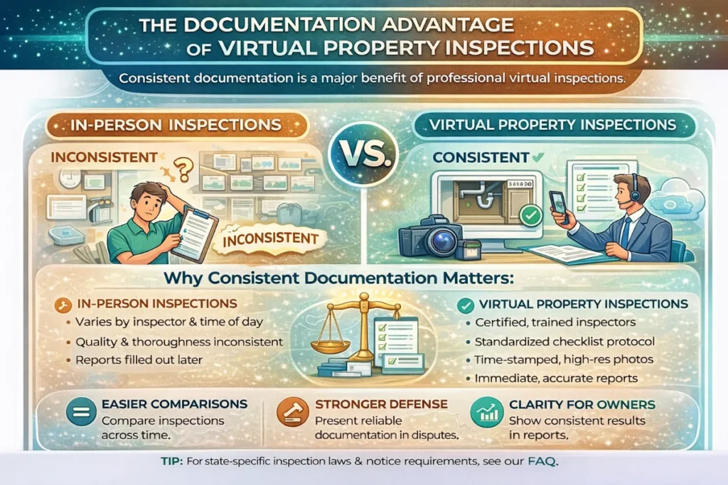 Infographic comparing documentation benefits of virtual vs. in-person property inspections.