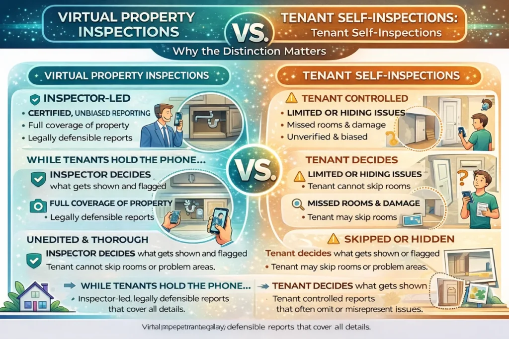 A side-by-side comparison infographic between virtual property inspections and tenant self-inspections.