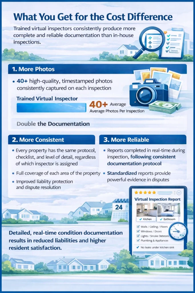 An infographic explaining the benefits of virtual property inspectors, highlighting more photos, consistency, and reliability.