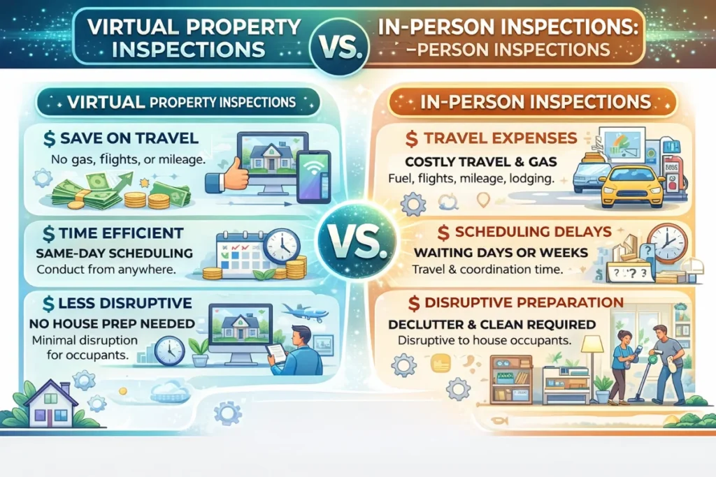 An infographic comparing the benefits of virtual property inspections versus the drawbacks of in-person inspections.