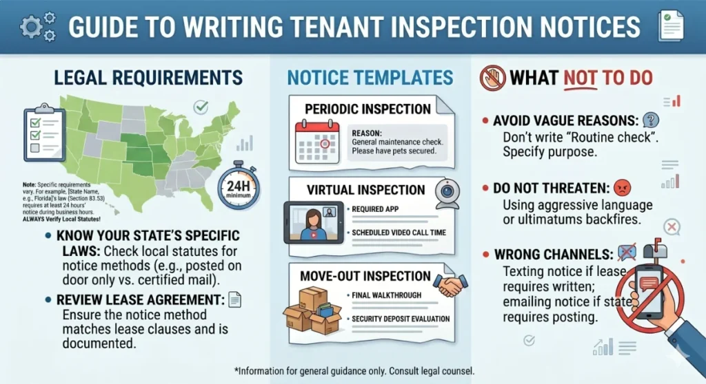 An educational infographic titled Guide to Writing Tenant Inspection Notices with sections on legal requirements, templates, and common mistakes.