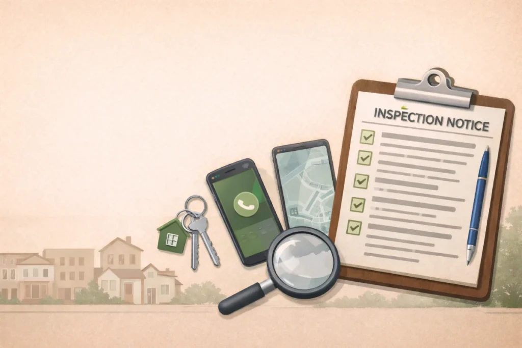 An illustration of a home inspection notice on a clipboard next to a magnifying glass, house keys, and two smartphones against a residential background.