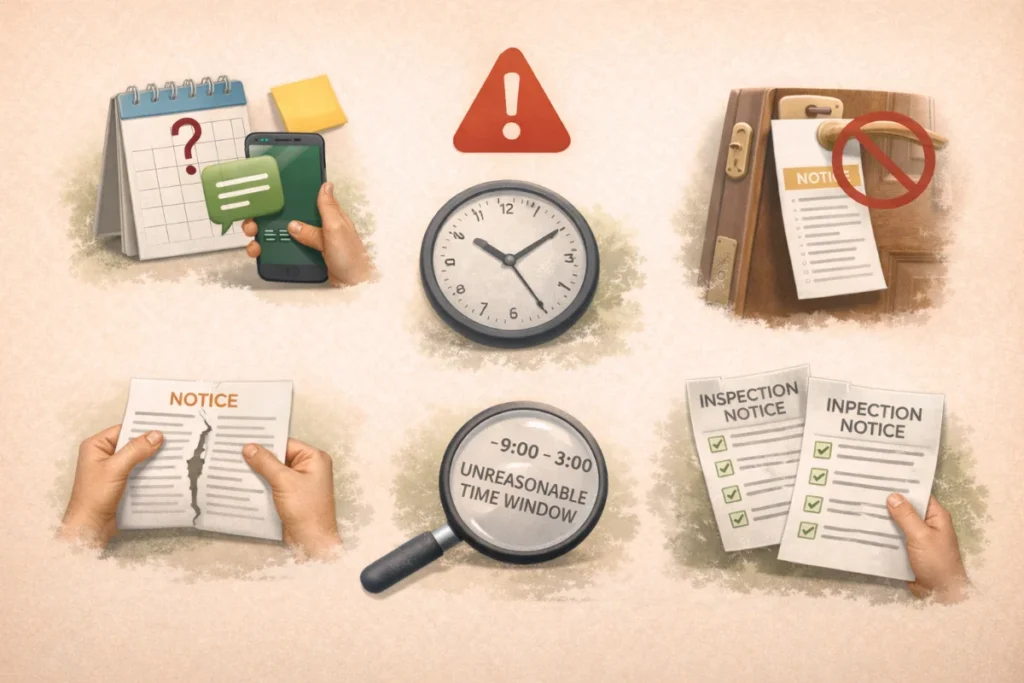 Collage showing common legal errors in landlord inspection notices like typos, improper delivery, and unreasonable time windows.