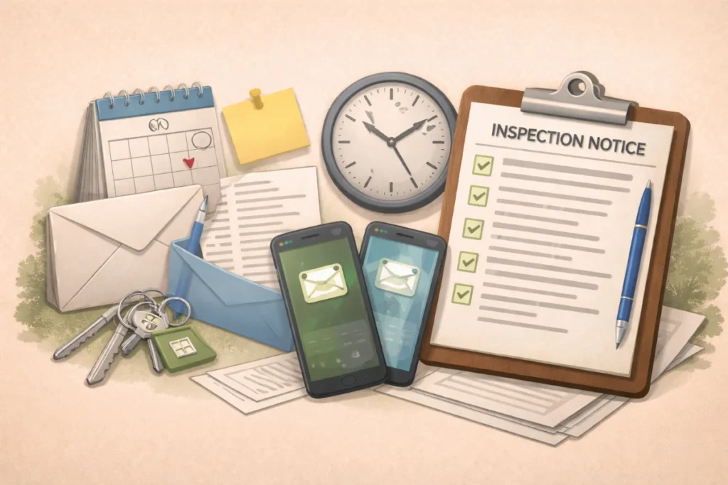 An inspection notice on a clipboard with keys, smartphones, and a calendar.