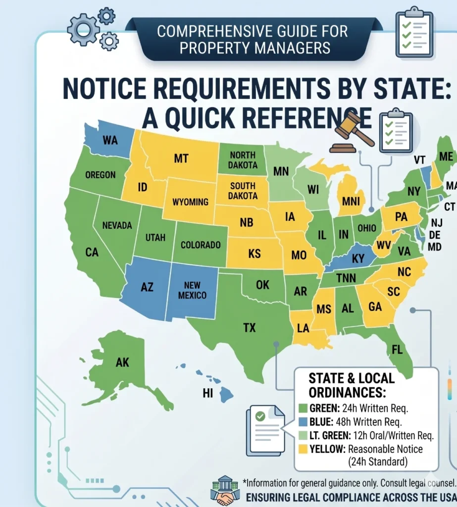A color-coded map of the United States showing different landlord notice requirements for property entry by state.