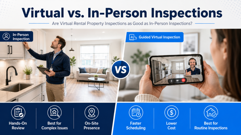 Virtual vs. In-Person Rental Property Inspections comparison infographic for property managers