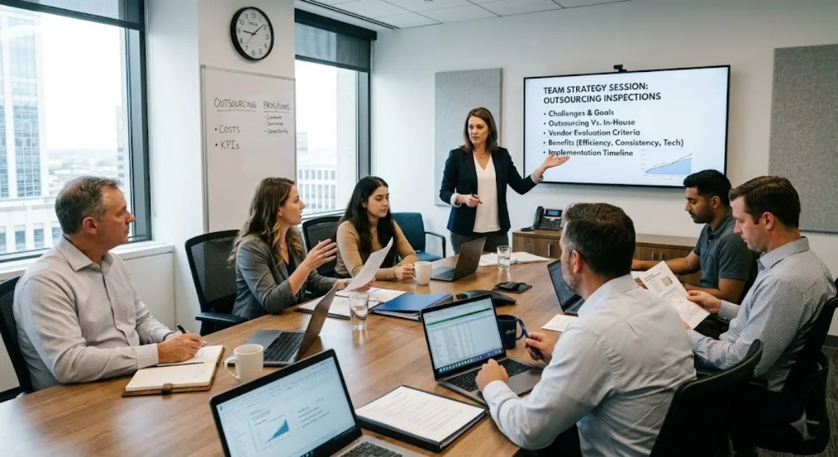 Property management team meeting to discuss outsourcing strategy