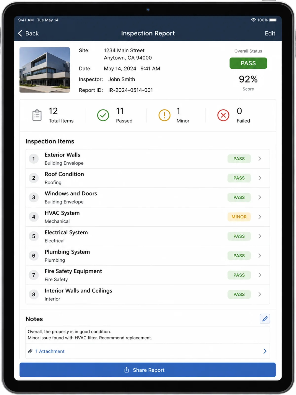 Digital property inspection report app on tablet for rental management