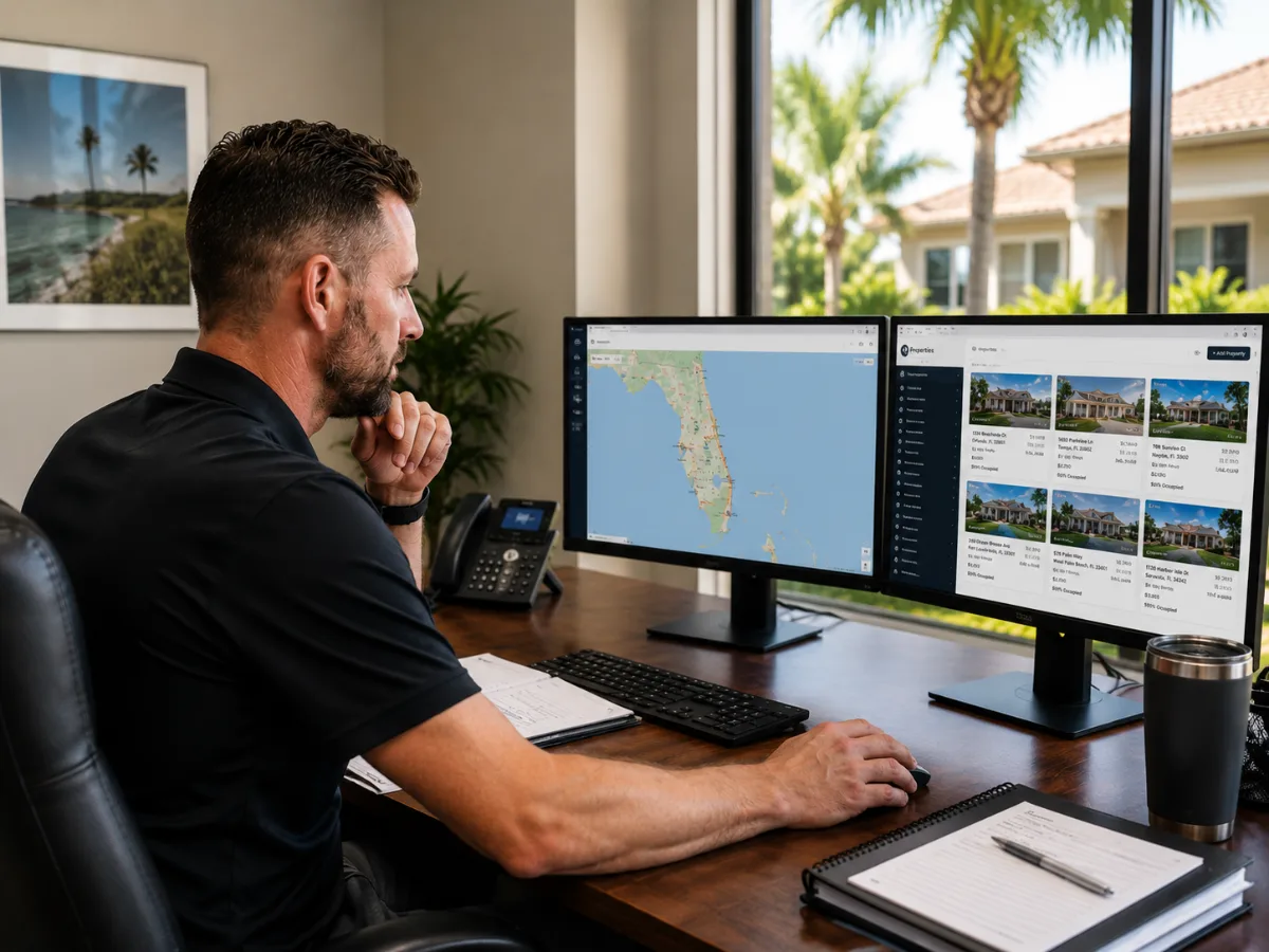 Property management outsourcing analyst reviewing portfolio at dual monitors