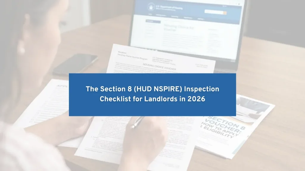 A person reviewing a Section 8 Housing Choice Voucher program document with a computer screen showing HUD website in the background.