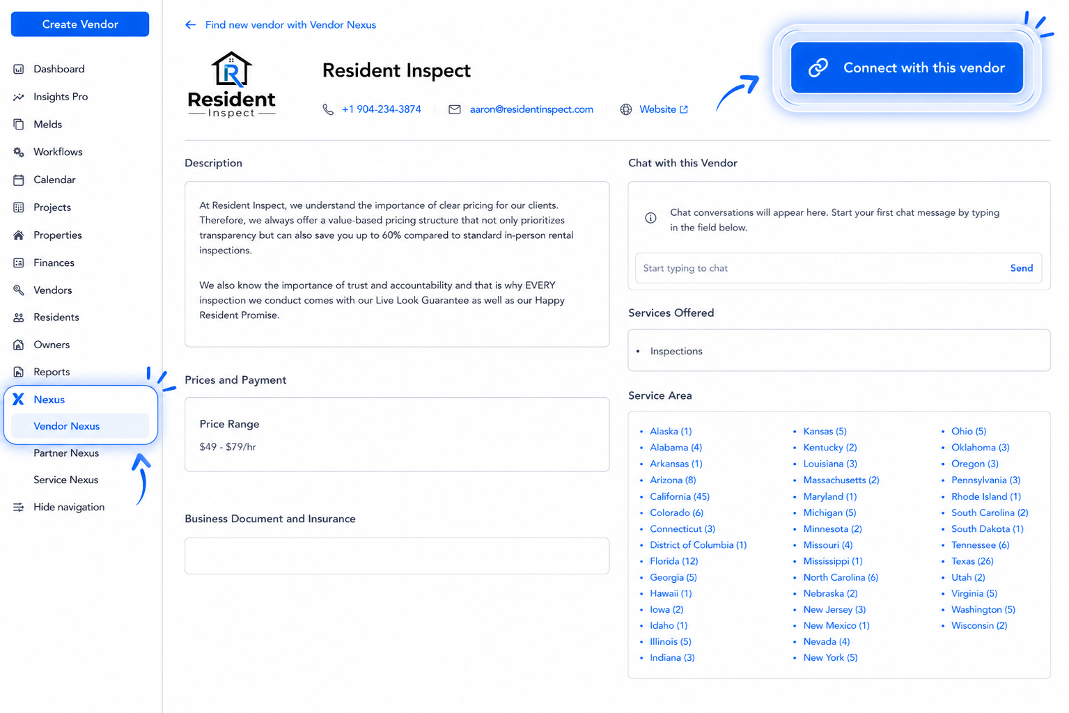 Resident Inspect full vendor profile on Property Meld Vendor Nexus showing inspection services, $49–$79/hr pricing, service area across 40+ states, and Connect with this vendor button