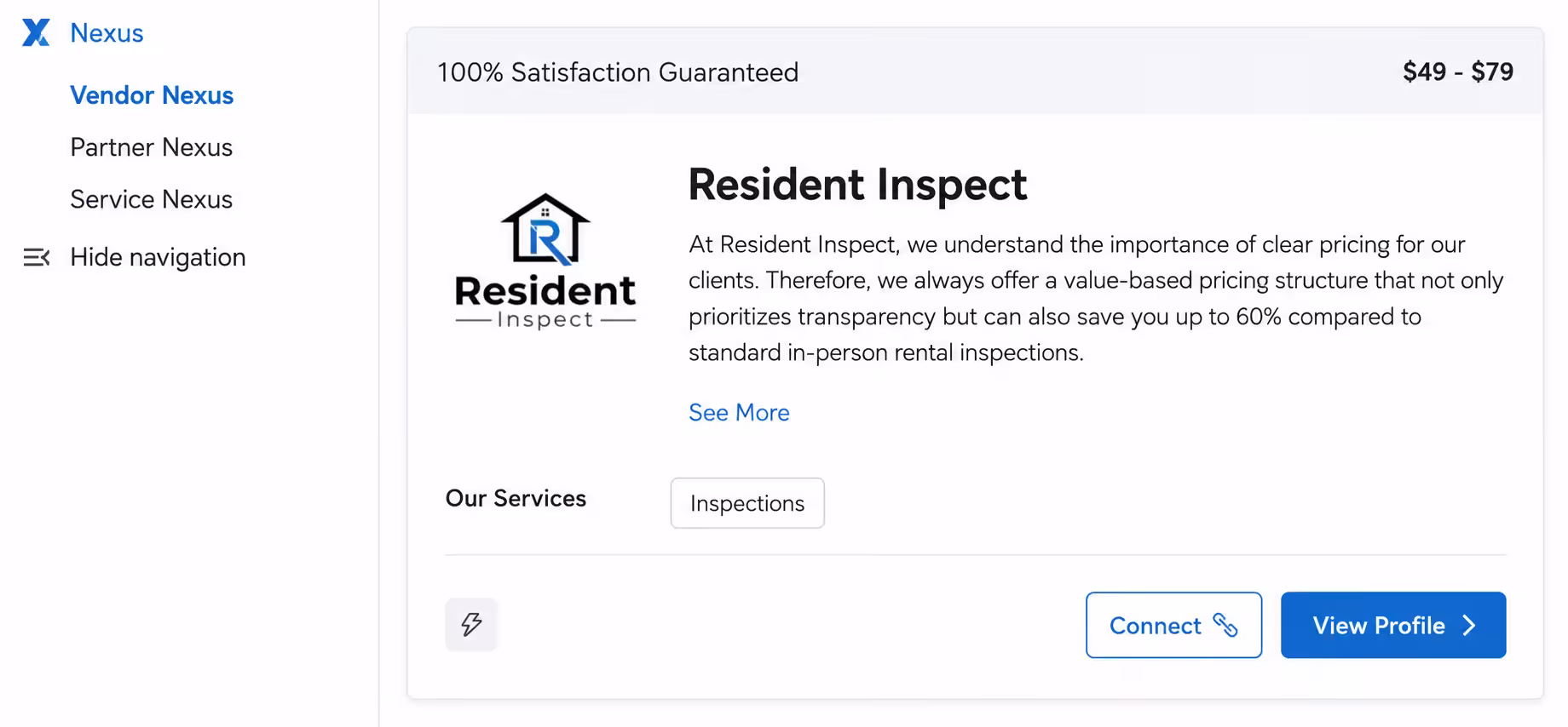 Resident Inspect Vendor Nexus search result card on Property Meld showing inspection service, $49–$79 pricing, 100% Satisfaction Guarantee, and Connect button