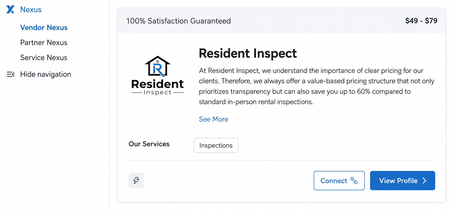 Resident Inspect Vendor Nexus search result card on Property Meld showing inspection service, $49–$79 pricing, 100% Satisfaction Guarantee, and Connect button