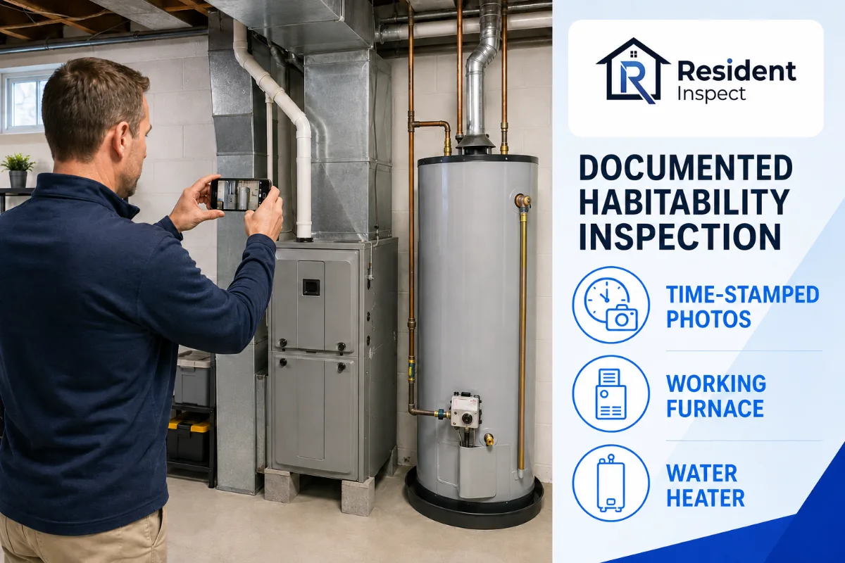 Landlord capturing time-stamped photos of a working furnace and water heater during a periodic inspection
