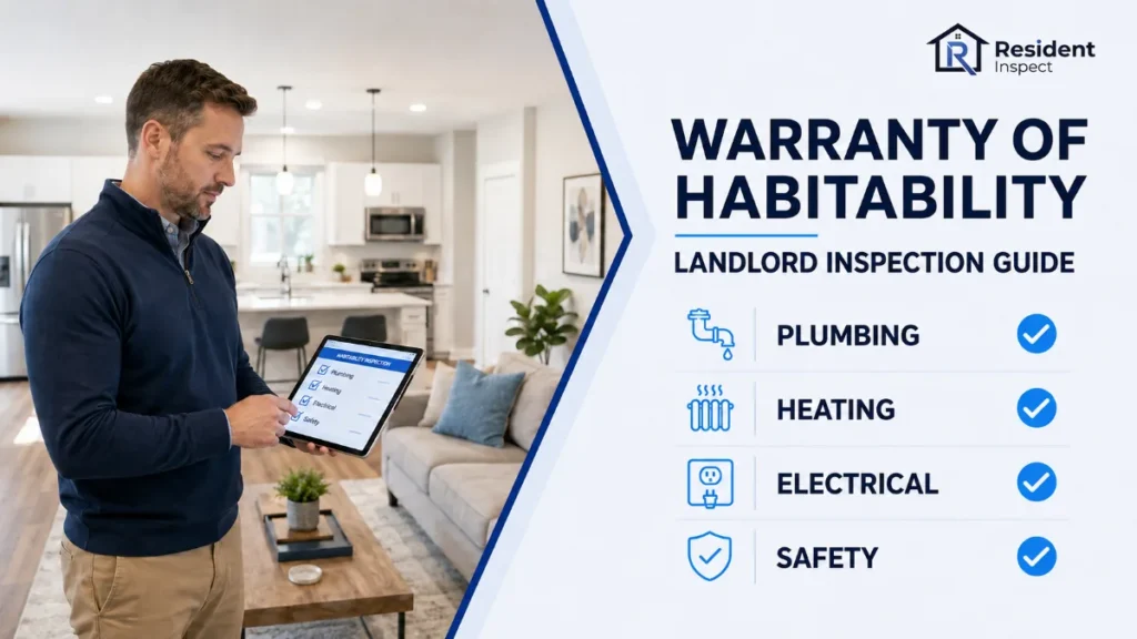 Man holding a tablet displaying a 'Habitability Inspection' checklist with plumbing, heating, electrical, and safety checked, alongside a 'Warranty of Habitability Landlord Inspection Guide' graphic.
