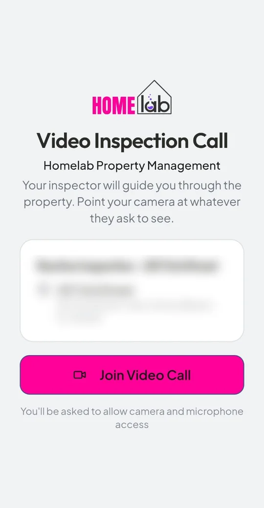 Video inspection call screen branded with a property management company logo and pink colors