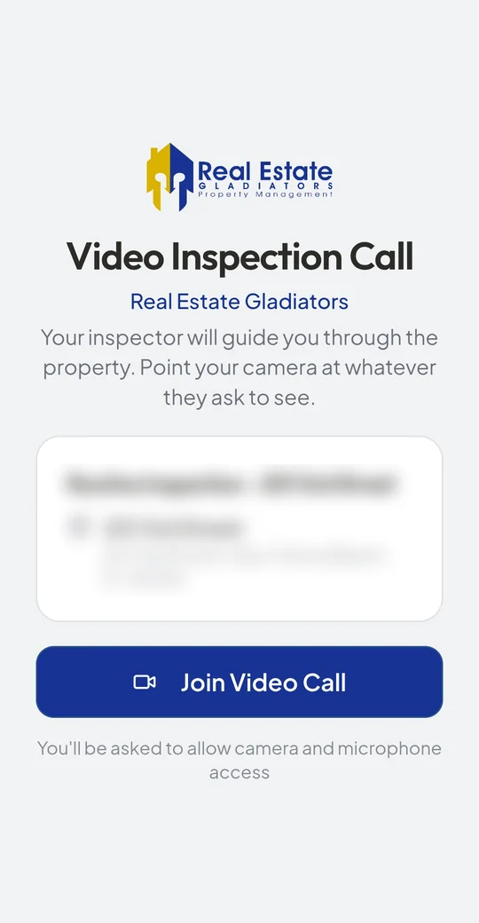 Video inspection call screen branded with a property management company logo and navy colors