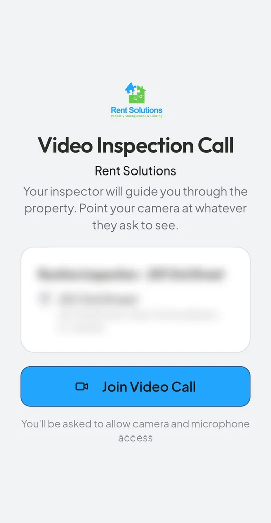 Video inspection call screen branded with a property management company logo and light blue colors