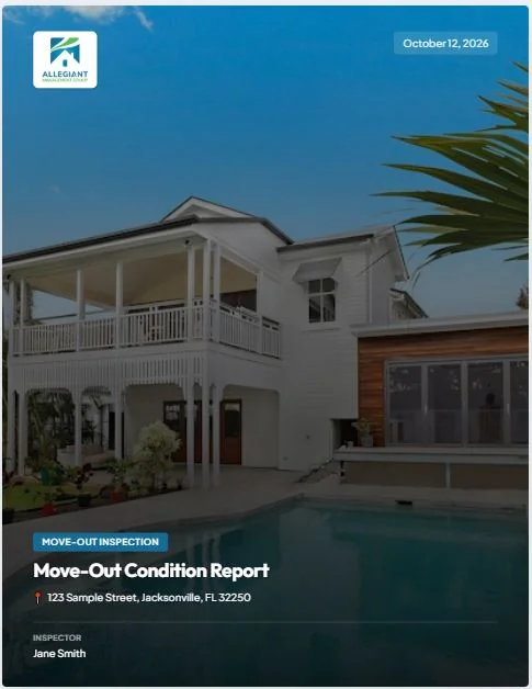 Custom branded move-out condition report cover template with full photo background
