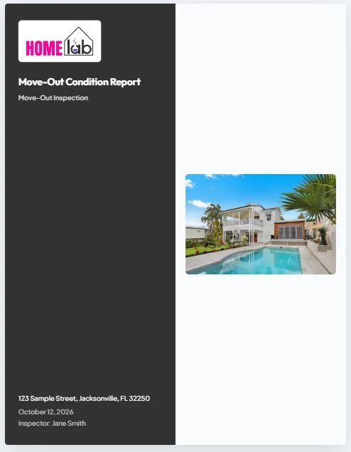Custom branded move-out condition report cover template with dark side panel