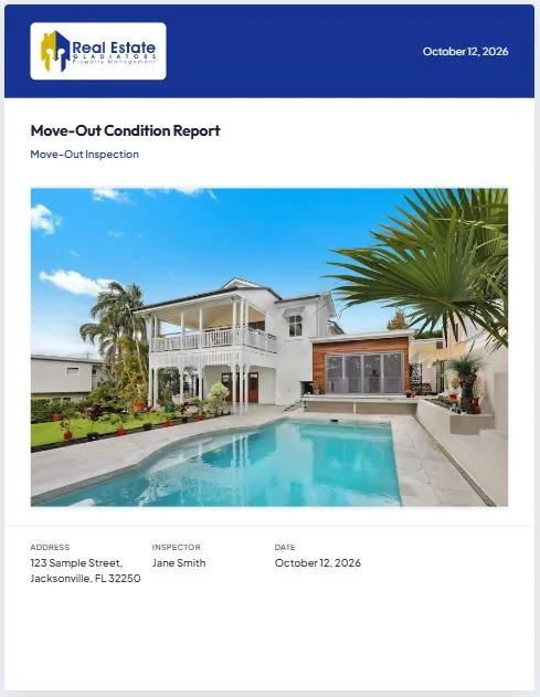 Custom branded move-out condition report cover template with colored header