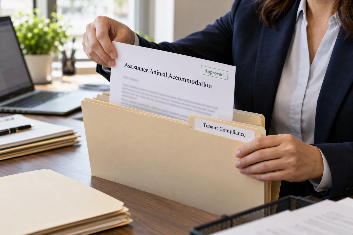 Property manager filing an approved emotional support animal accommodation letter into a tenant compliance folder