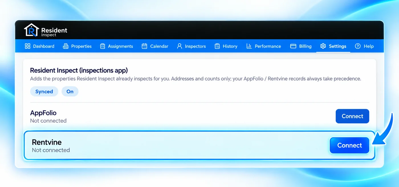 Rentvine Connect button in Resident Inspect Client Portal settings