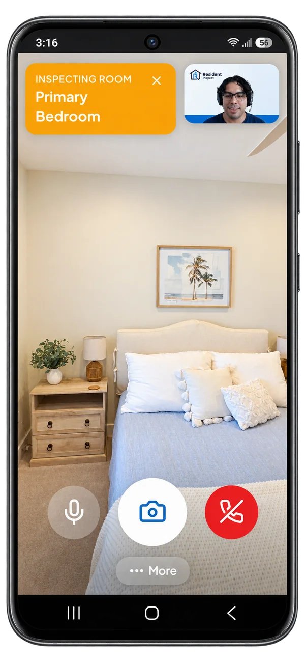 Resident phone view during an app-free two-way live video inspection with on-screen room instructions