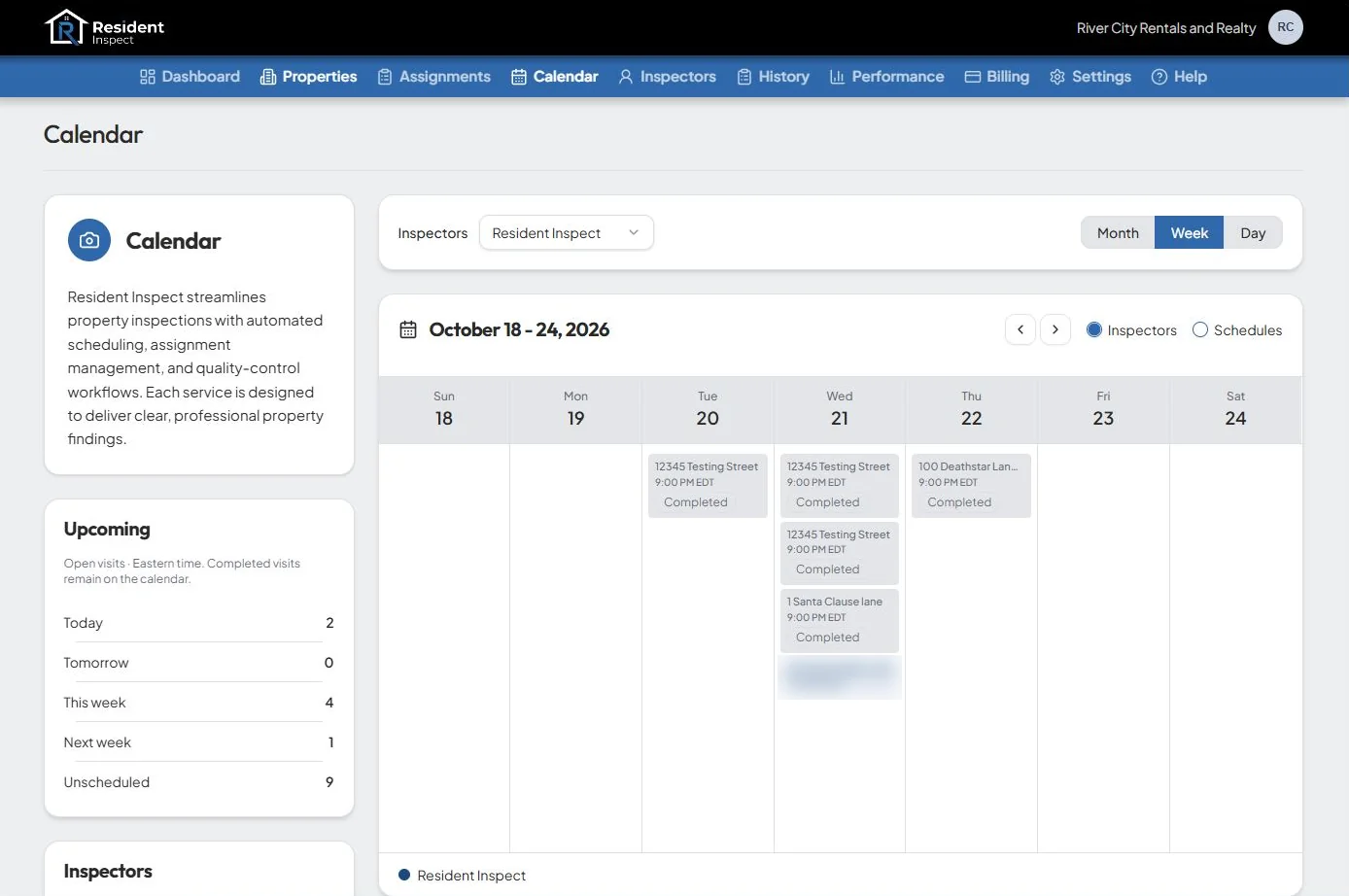 Resident Inspect Client Portal inspection calendar week view